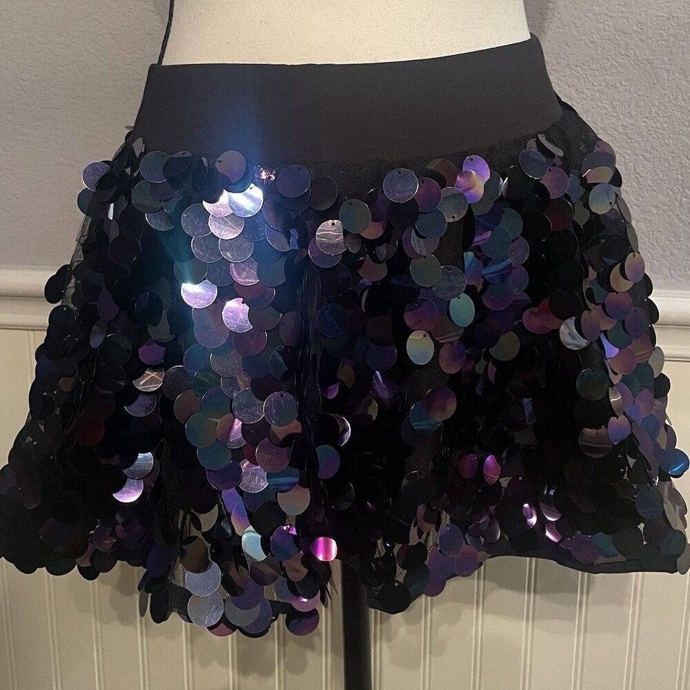 iHeartRaves Iridescent Sequin Mini Skirt S Oil Slick Rave Festival Mermaid Cyber
